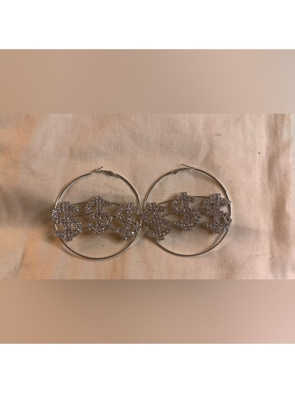 Silver Hoop Earrings with Sparkling Dollar Sign Charms - Picture 2 of 7
